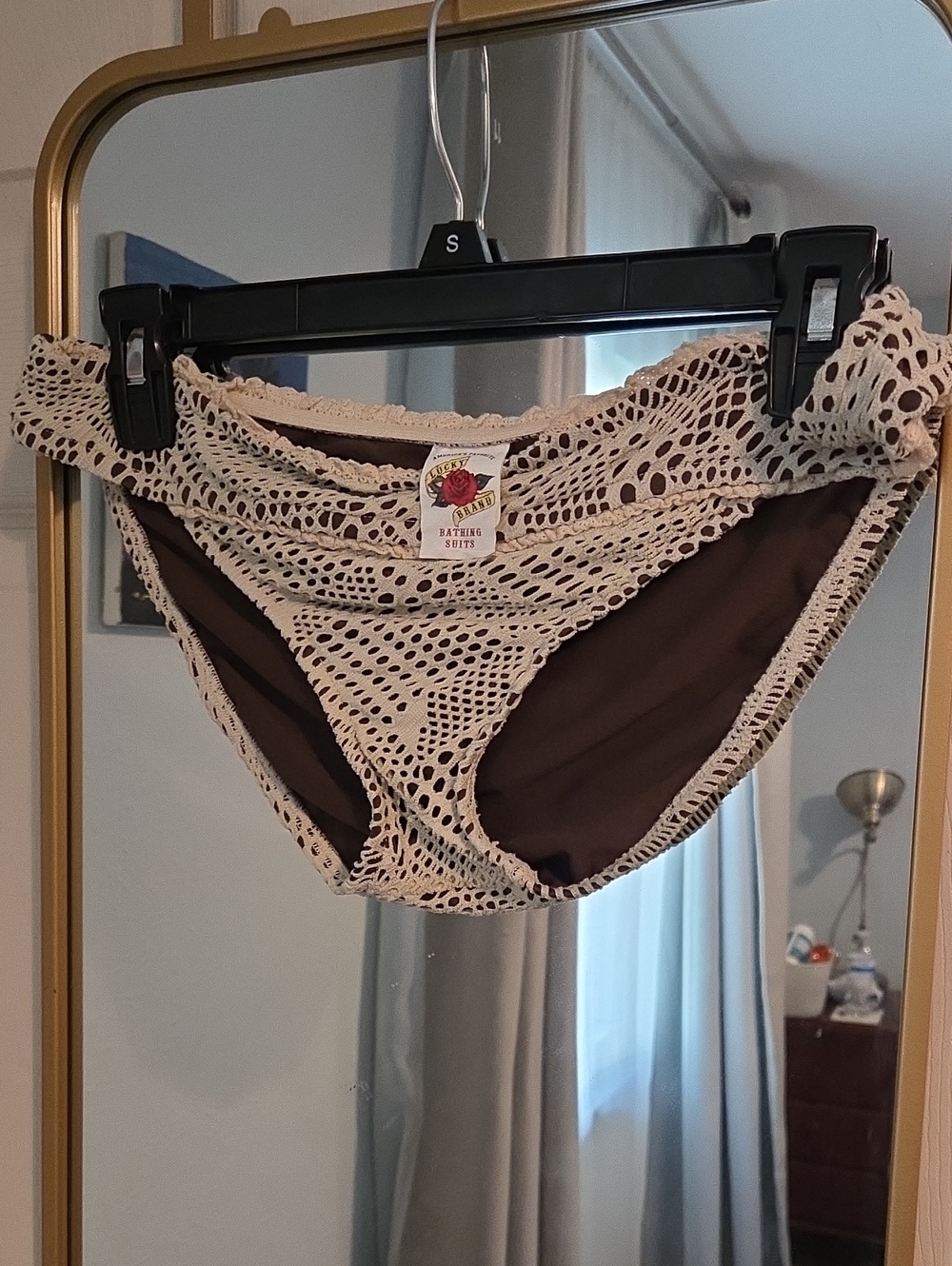 Lucky Brand Brown Bikini with Cream Crochet Overlay and Wooden Beads Details-M - Picture 7 of 9